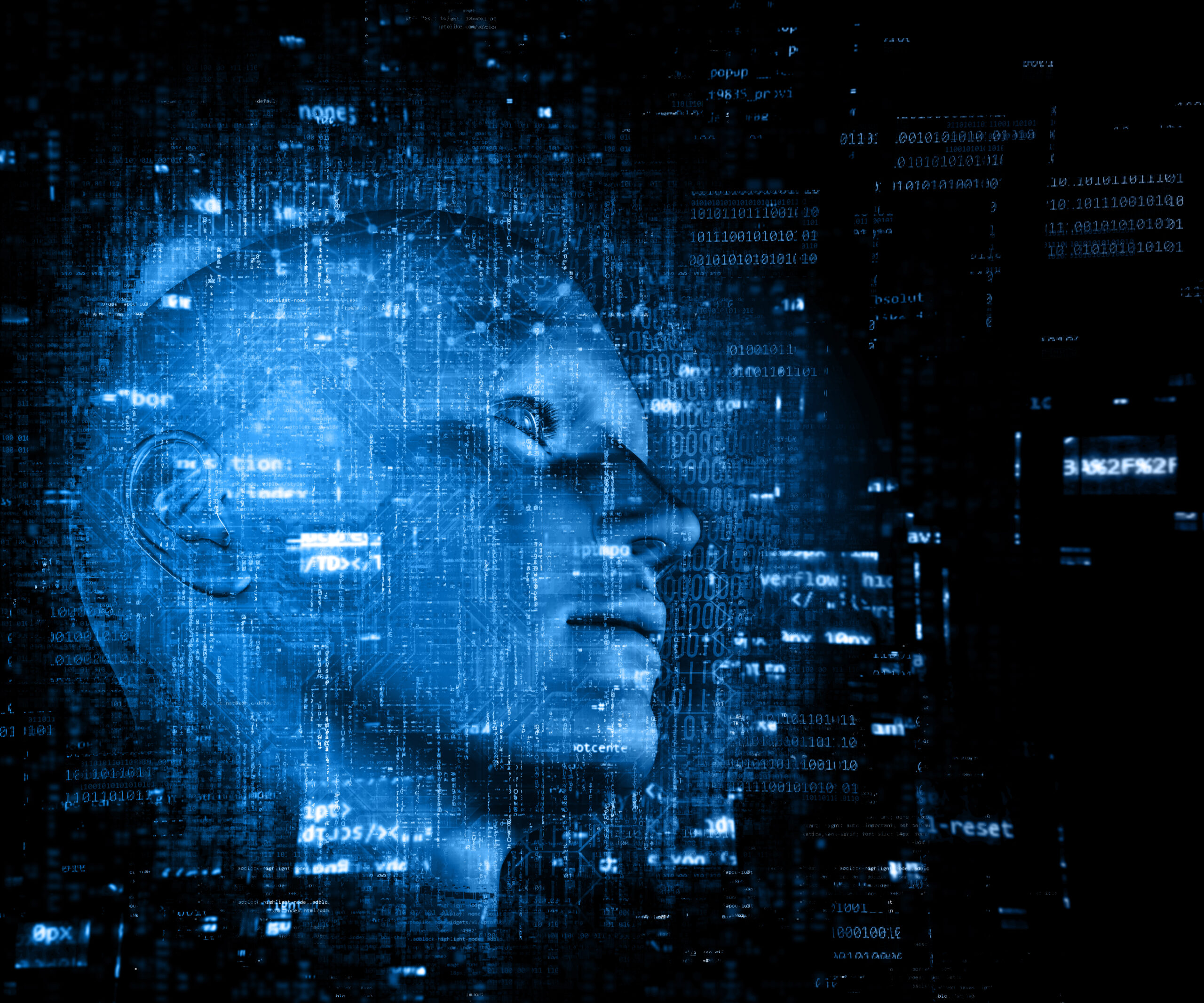 3D render of a technology background with code over male head